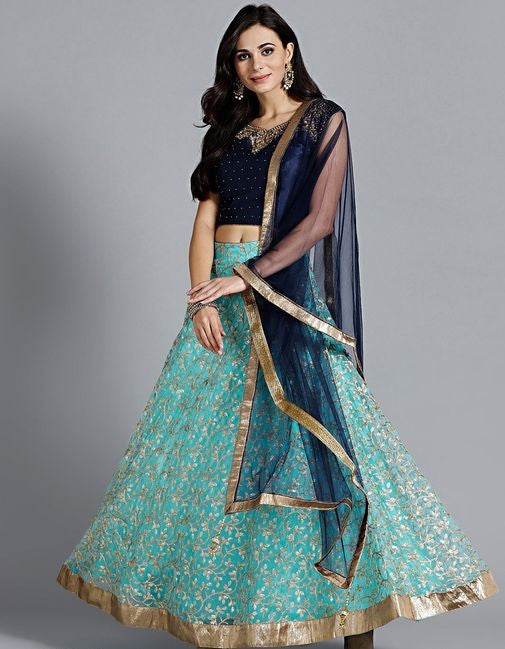 Sea Green and Navy Blue Stylish Net Lehenga