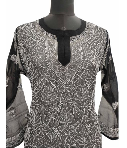 Hand Embroidered Black Georgette Chikankari All Over Short Top