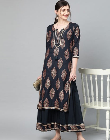 Women's Cotton Navy Blue Foil Printed Kurta Skirt Set