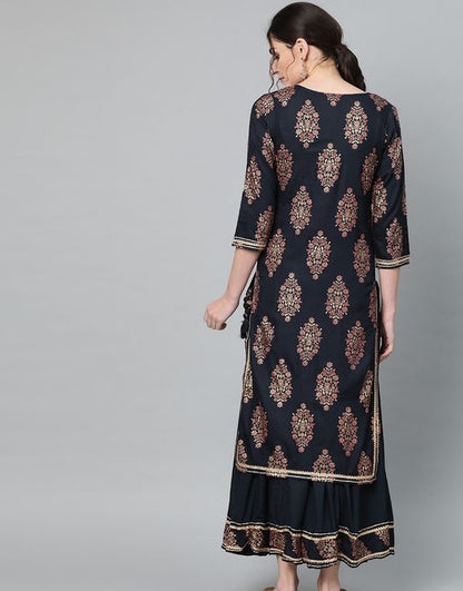 Women's Cotton Navy Blue Foil Printed Kurta Skirt Set