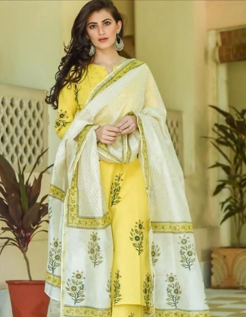 Urban Wardrobe's Women's Printed  Yellow Cotton Kurta Set