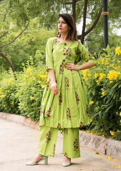 GREEN PRINTED COTTON KURTA SET