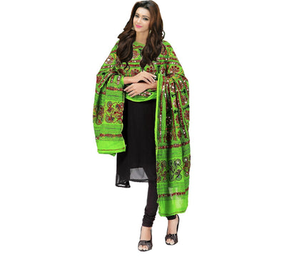 Runjhun Designer Resham Embroidered Cotton Dupatta (Green)