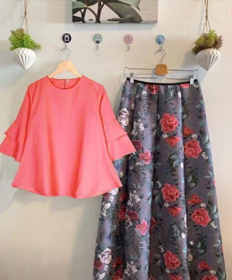 Grey and Peach Floral Top and Skirt