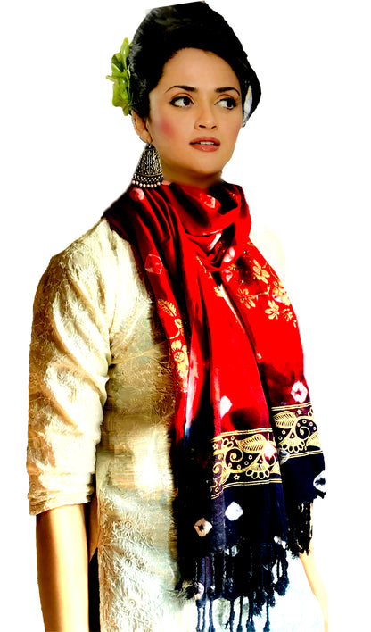 Runjhun Red Bandhani Women's Soft Viscose Stole