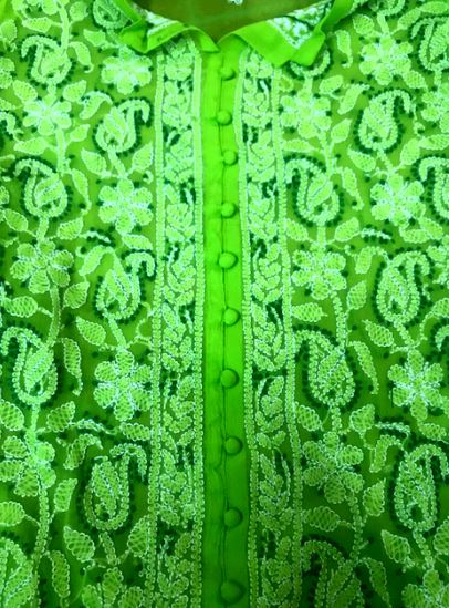 Runjhun Green Lucknowi Chicken Chiffon Kurti