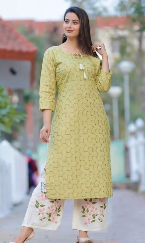 Women's Printed Green and White Straight Kurta Set