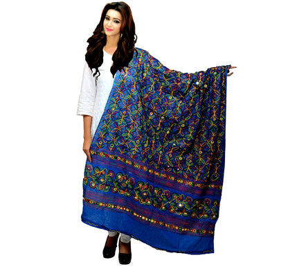 Runjhun Designer Resham Embroidered Cotton Dupatta (Navy Blue)