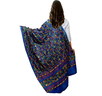 Runjhun Designer Resham Embroidered Cotton Dupatta (Navy Blue)