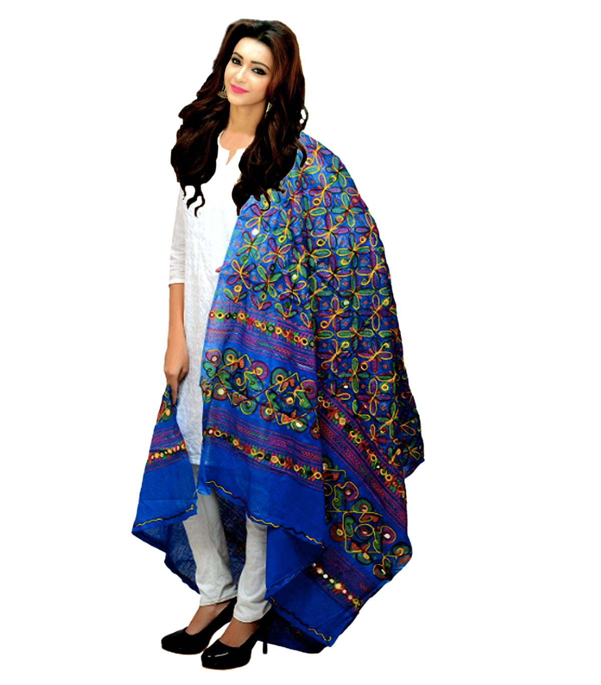 Runjhun Designer Resham Embroidered Cotton Dupatta (Navy Blue)