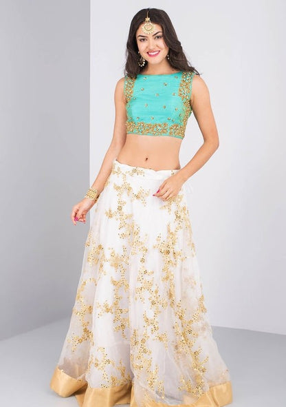 SEA GREEN AND WHITE NET LEHENGA