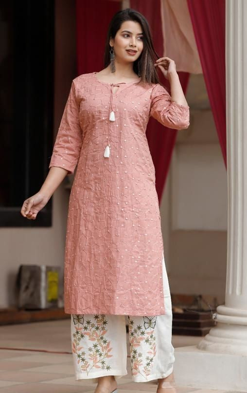 Urban Wardrobe's Printed Peach and White Straight Kurta Set