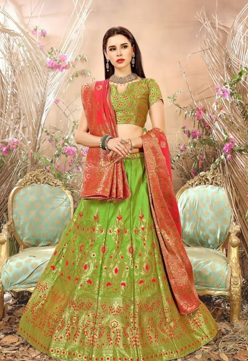 GREEN AND ORANGE BANARASI SILK LEHENGA