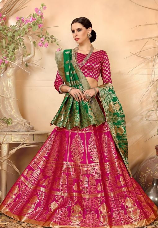 PINK AND GREEN BANARASI SILK LEHENGA CHOLI