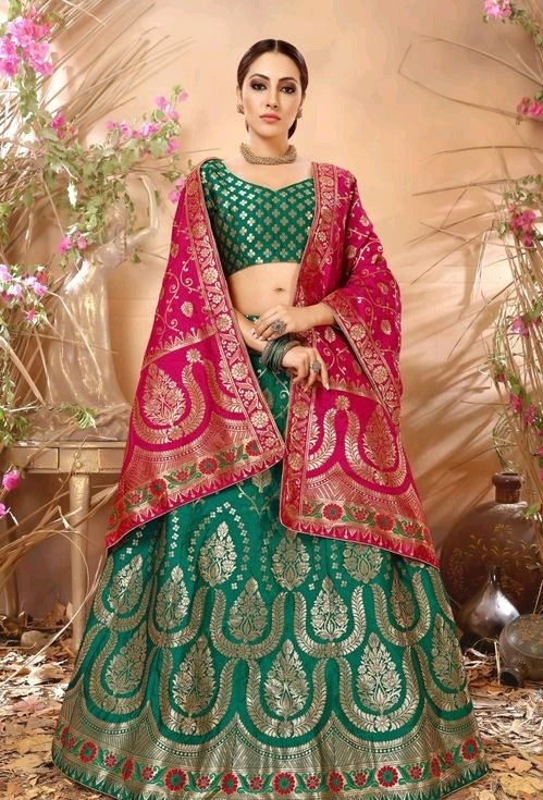 RED AND GREEN BANARASI SILK LEHENGA CHOLI