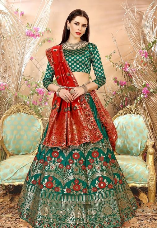 RED AND GREEN BANARASI LEHENGA CHOLI