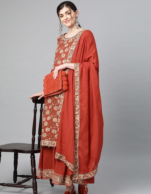 Women's Cotton Brown Kalamkari Printed A-line Kurta Palazzo Dupatta Set