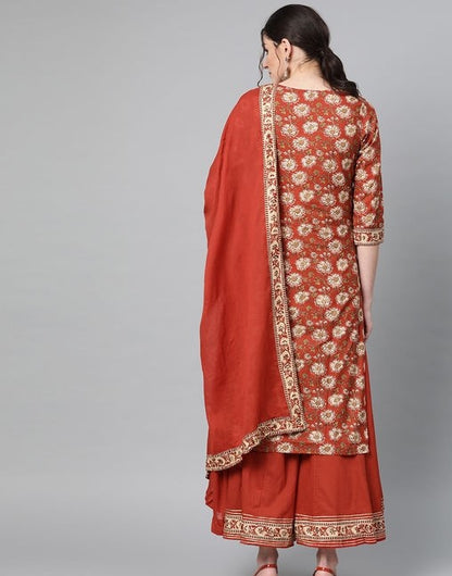 Women's Cotton Brown Kalamkari Printed A-line Kurta Palazzo Dupatta Set