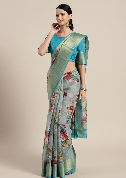 Women's Printed Floral Sky Blue Linen Saree