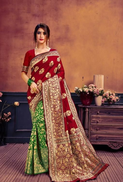 Women's Red & Green Jacquard Print Saree