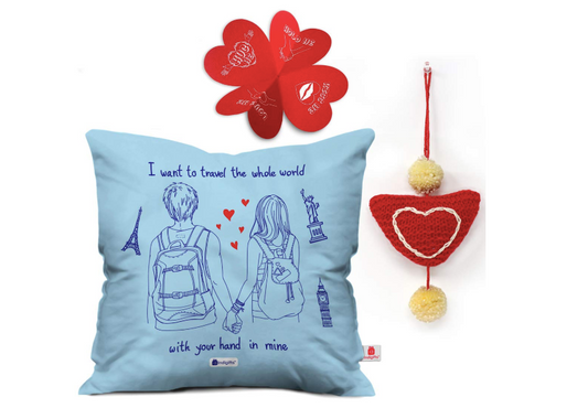 Valentine Gift for Boyfriend Travel Whole World Together Quote Cushion Cover 12"x12" with Filler & 1 Heart Hanging - Boyfriend Gifts, Love Gifts