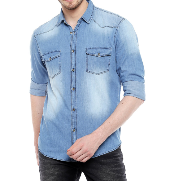 Dennis Lingo Men's Denim Medium Blue Solid Casual Shirt