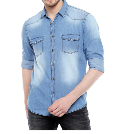 Dennis Lingo Men's Denim Medium Blue Solid Casual Shirt