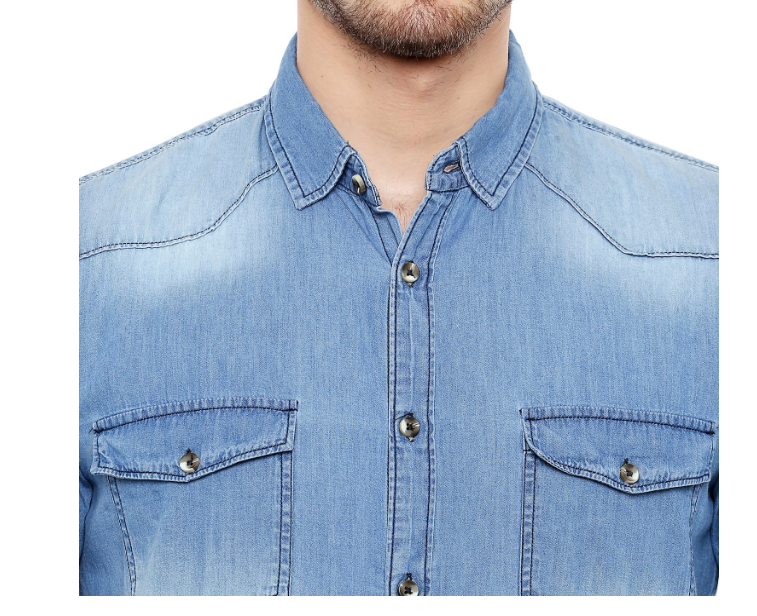 Dennis Lingo Men's Denim Medium Blue Solid Casual Shirt