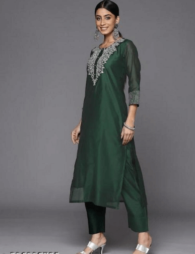 Sea Green Yoke Design Chanderi Kurta Set with Contrasting Dupatta