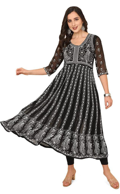 Urban Wardrobe's Black Georgette Chikankari Embroidery Anarkali Kurta