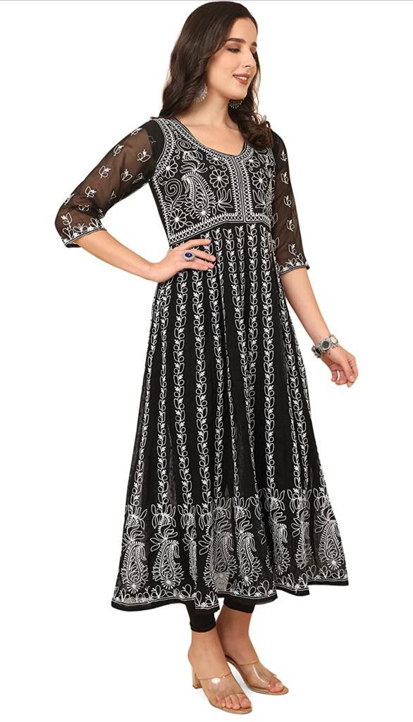 Urban Wardrobe's Black Georgette Chikankari Embroidery Anarkali Kurta