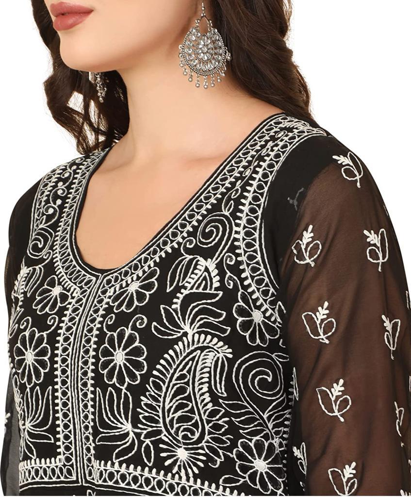Urban Wardrobe's Black Georgette Chikankari Embroidery Anarkali Kurta