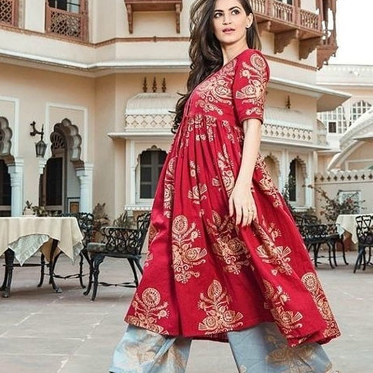 Women Red Golden Printed Anarkali Kurta