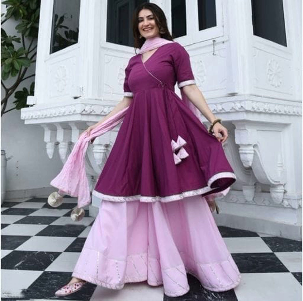 Urban Wardrobe's Women Wine and Pink Solid Sharara Set