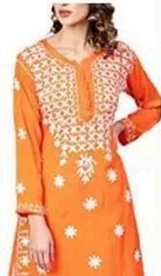 Orange ChikanKari Embroidered Kurta