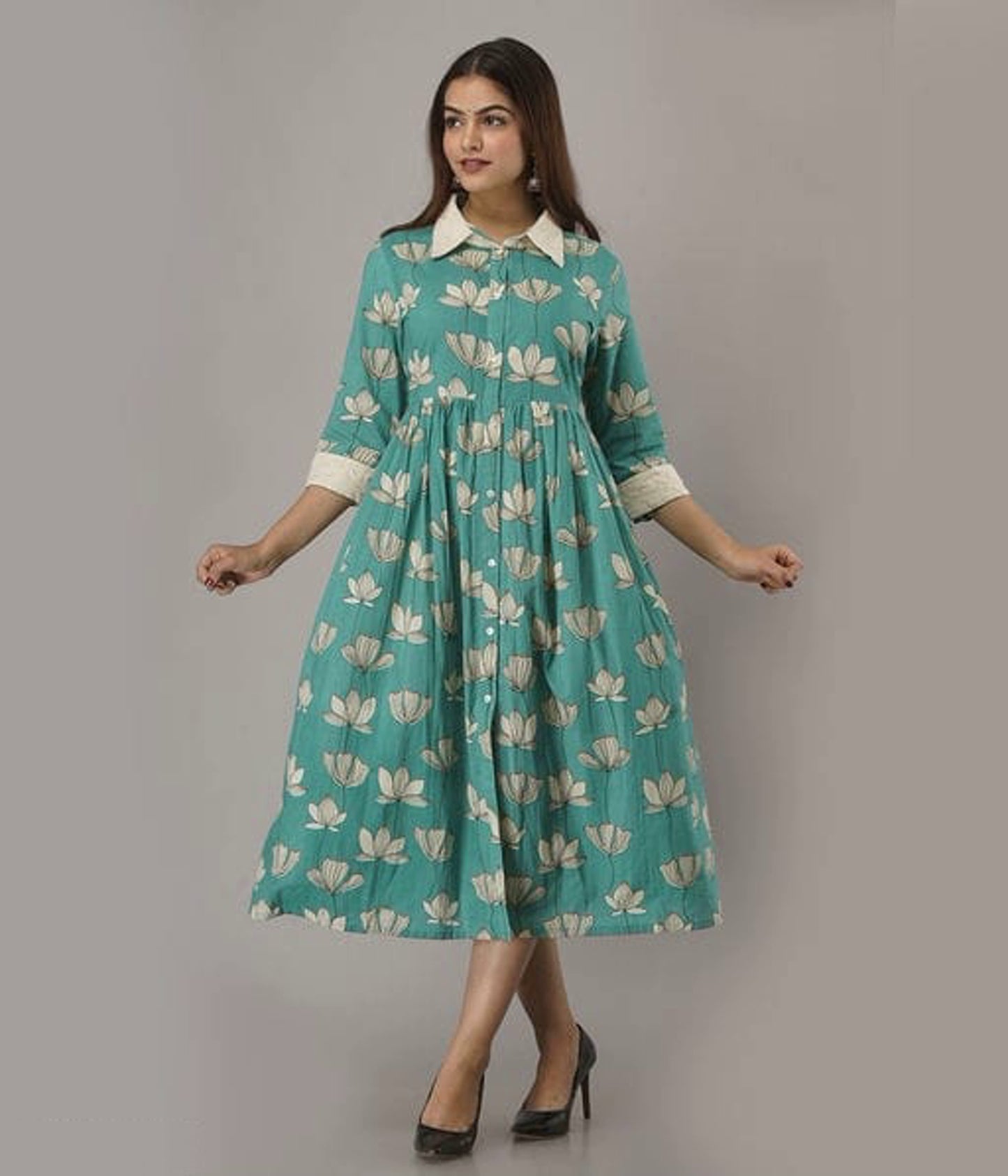 Sea Green Printed Cotton A-line Shirt Dress