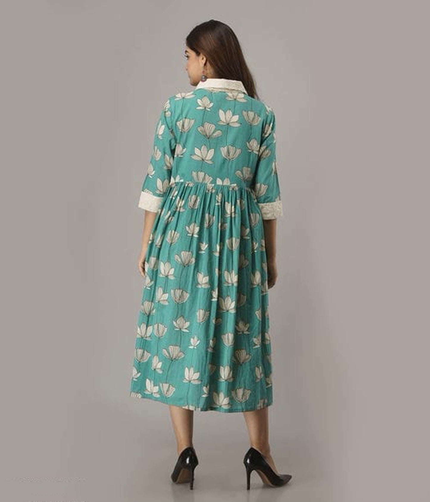Sea Green Printed Cotton A-line Shirt Dress