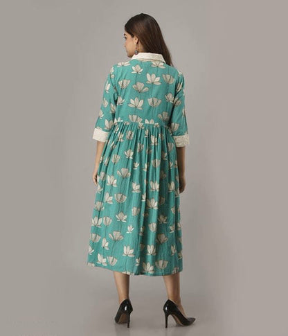 Sea Green Printed Cotton A-line Shirt Dress