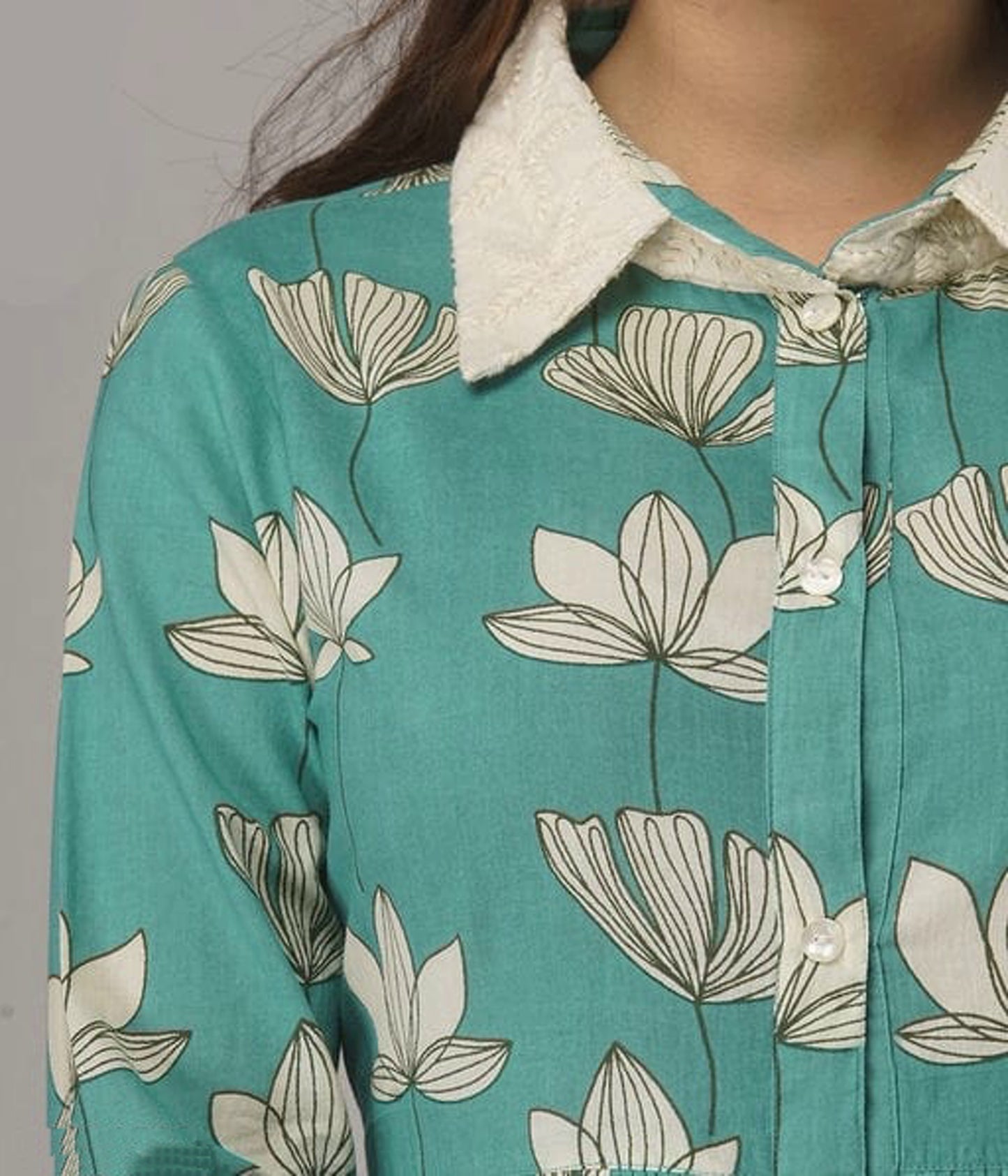 Sea Green Printed Cotton A-line Shirt Dress