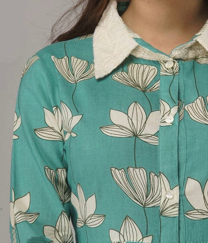 Sea Green Printed Cotton A-line Shirt Dress