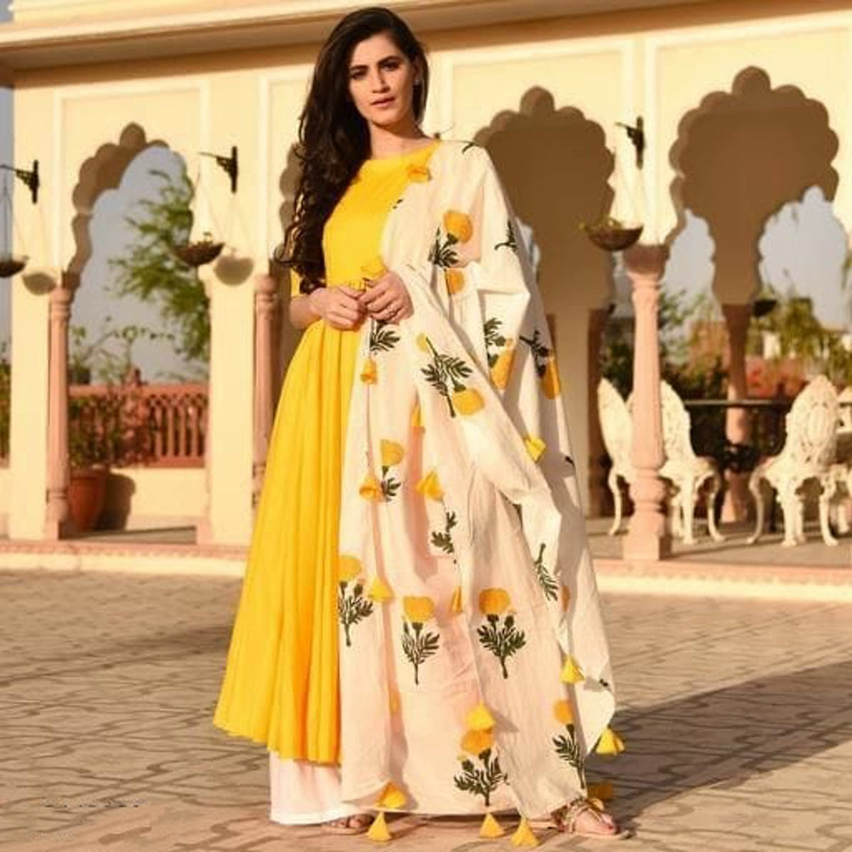 Women's Stylish Yellow Kurta Set with Floral Dupatta