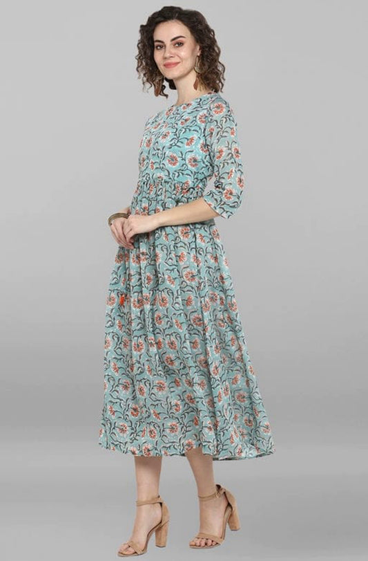 Women's Sea Green Pure Cotton Ethnic Dress