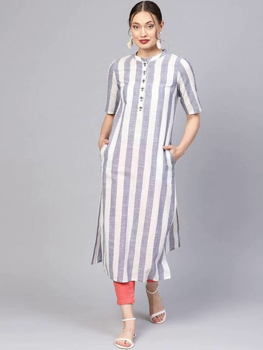 Women's Striped Printed Cotton Kurta