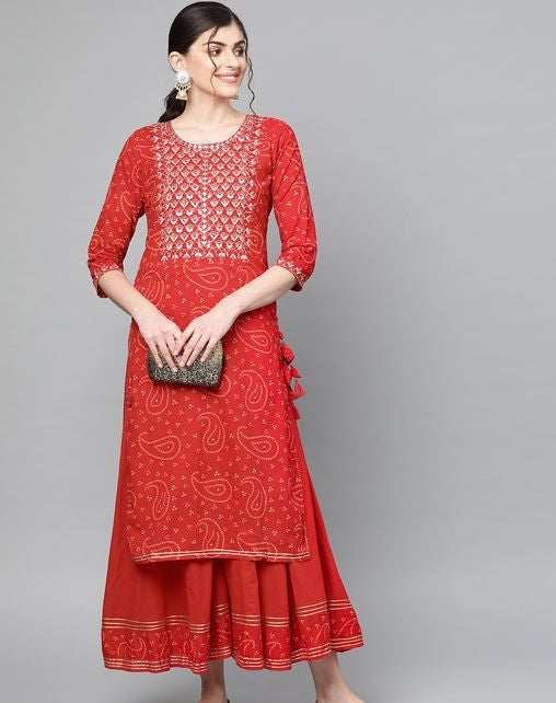 Women's Cotton Red Embroidered Kurta Sharara Set