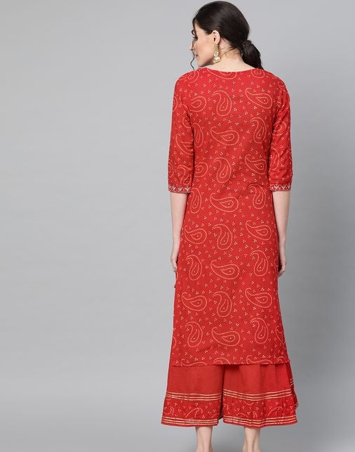 Women's Cotton Red Embroidered Kurta Sharara Set