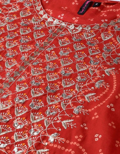 Women's Cotton Red Embroidered Kurta Sharara Set