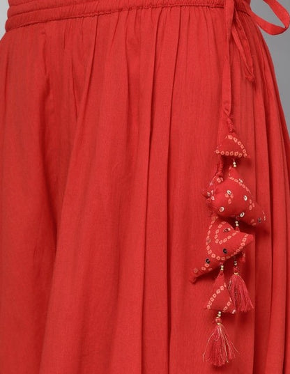 Women's Cotton Red Embroidered Kurta Sharara Set