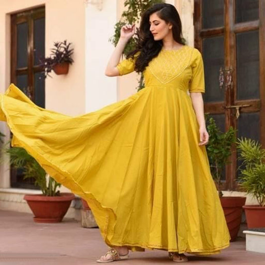 Women's Yellow Anarkali Cotton Kurta Set