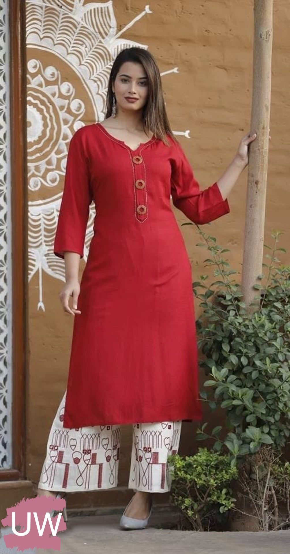 Women's Red Cotton Kurta Set with Palazzos