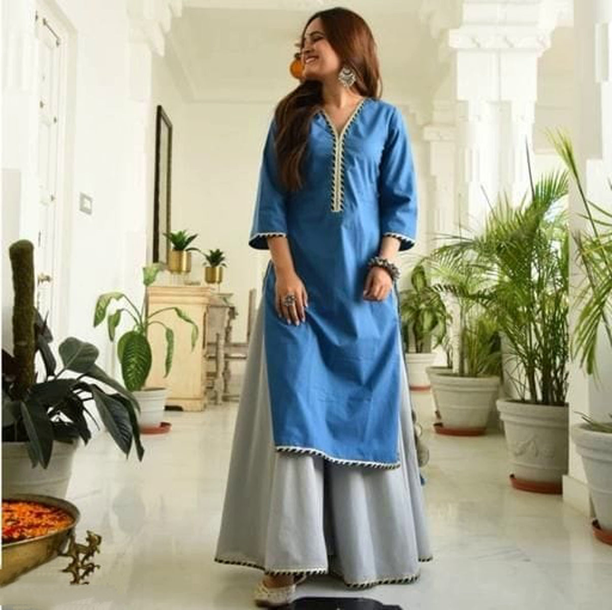 Women's Solid Blue and Gray Cotton Kurta Set with Palazzos